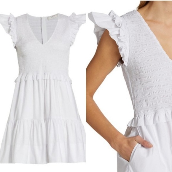 Sea NY white flutter sleeve cotton mini dress tiered skirt smocked bodice sz 4 - Picture 2 of 12